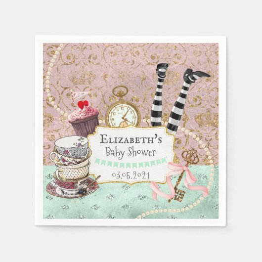 ヴィンテージワンダーランドピンクとターコイズ スタンダードカクテルナプキン (正面)