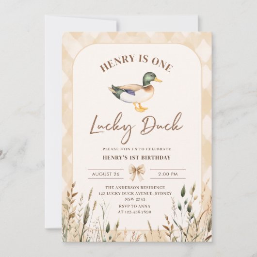 ヴィンテージワンラッキーアヒル1歳の誕生日 招待状 (正面)