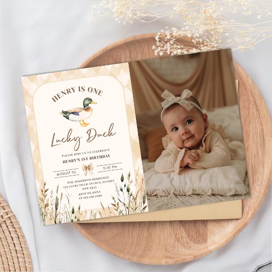 ヴィンテージワンラッキーアヒル1st誕生日の写真 招待状