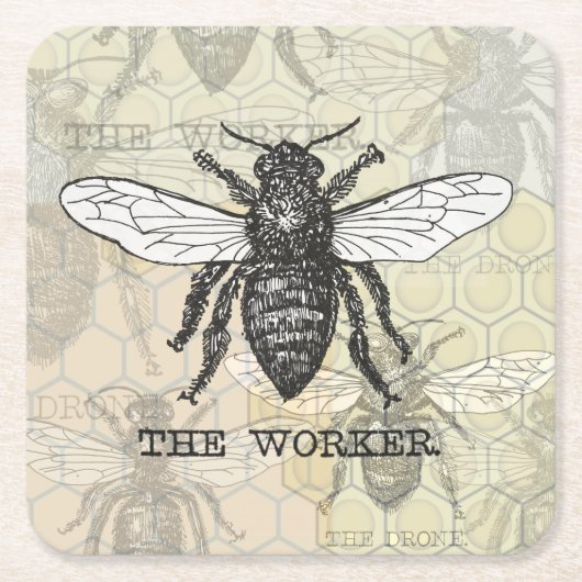 ヴィンテージワーカービーイラストレーションアート スクエアペーパーコースター (正面)