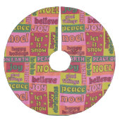 ヴィンテージワードコラージュ1970sスタイルクリスマスパターン ブラッシュドポリエステルツリースカート (正面)