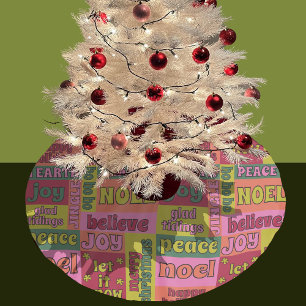 ヴィンテージワードコラージュ1970sスタイルクリスマスパターン ブラッシュドポリエステルツリースカート