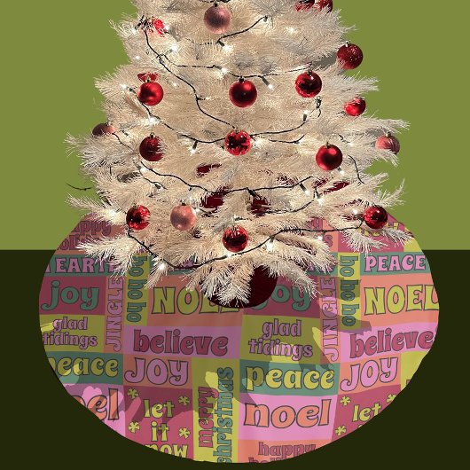 ヴィンテージワードコラージュ1970sスタイルクリスマスパターン ブラッシュドポリエステルツリースカート