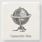 ヴィンテージワールドグローブリトグラフスケッチBW ストーンコースター (正面)