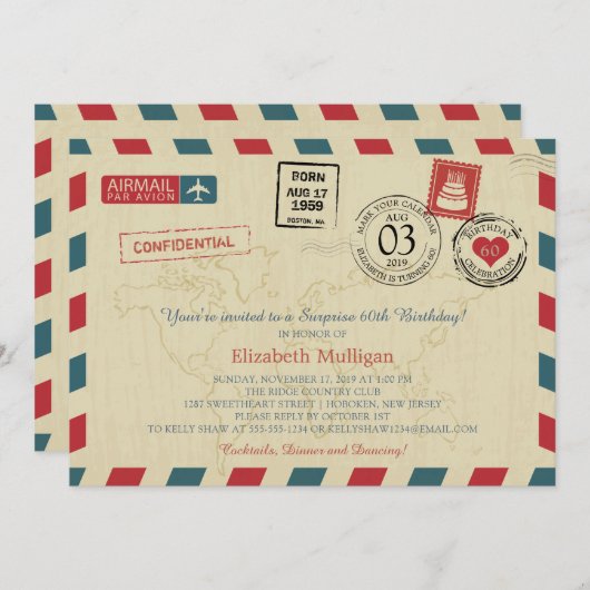 ヴィンテージワールドトラベラーエアメール誕生日パーティー 招待状 (正面/裏面)