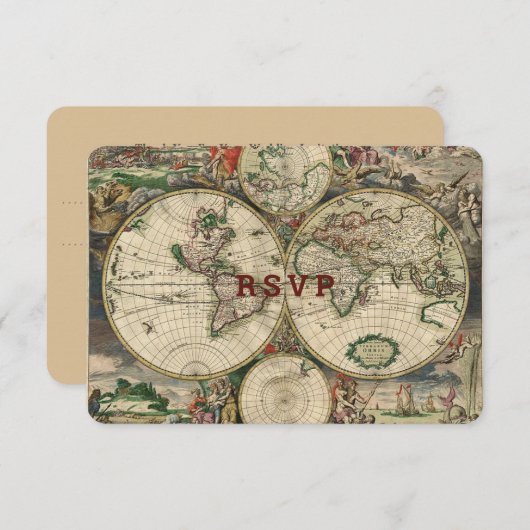 ヴィンテージワールドマップトラベルテーマ結婚ズ 出欠カード (正面/裏面)