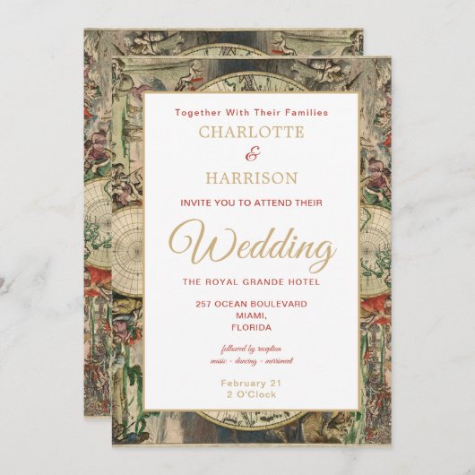 ヴィンテージワールドマップトラベルテーマ結婚ズ 招待状 (正面/裏面)