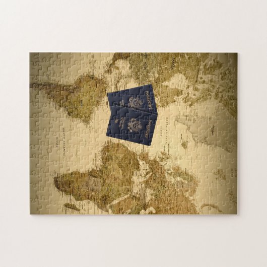 ヴィンテージワールドマップパスポート、ゲームナイトパーソナライズされた、 ジグソーパズル (横)