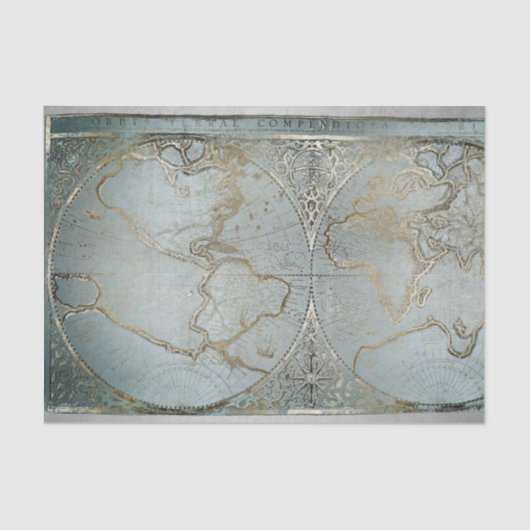 ヴィンテージワールドマップ金ゴールドグレーブルー 薄葉紙 (正面)