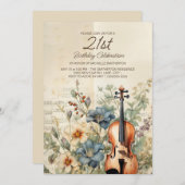 ヴィンテージヴァイオリンほこりっぽい青い花21歳の誕生日 招待状 (正面/裏面)