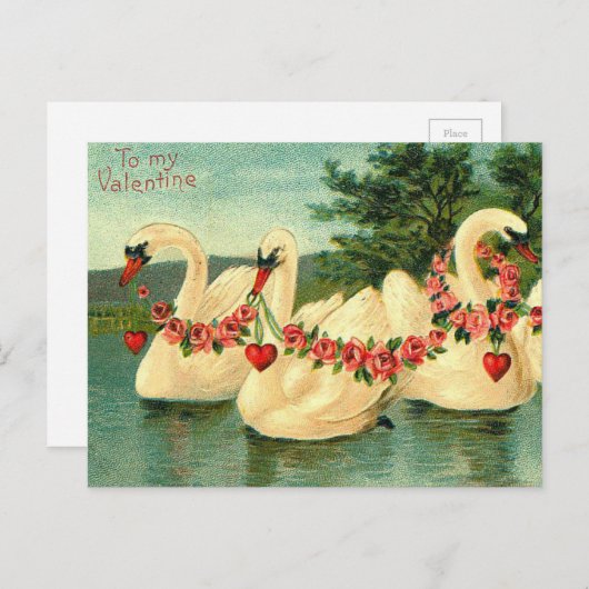ヴィンテージヴァレンティンスワンスとハート シーズンポストカード (正面/裏面)