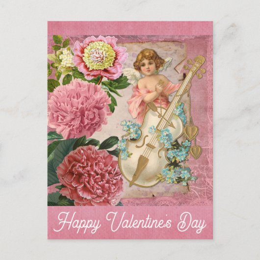 ヴィンテージヴァレンティンデイエビクトリアンルジェルフローラピンク ポストカード (正面)