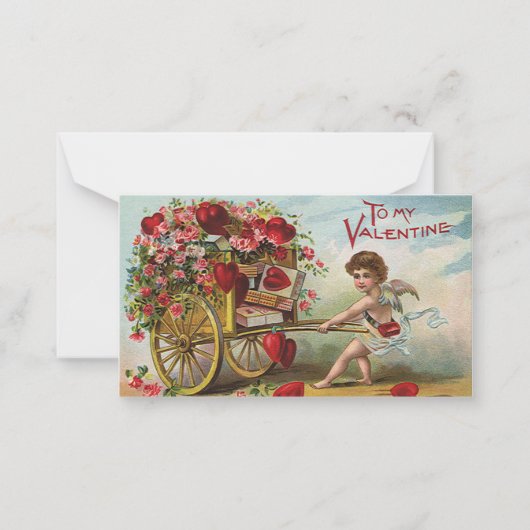 ヴィンテージヴァレンティーンズデイエンジェル，愛のハートのカート ノートカード (正面)