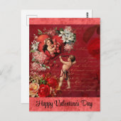 ヴィンテージヴァレンティーンズデービクトリアンキューピッドレッドローズ ポストカード (正面/裏面)