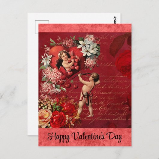 ヴィンテージヴァレンティーンズデービクトリアンキューピッドレッドローズ ポストカード (正面/裏面)