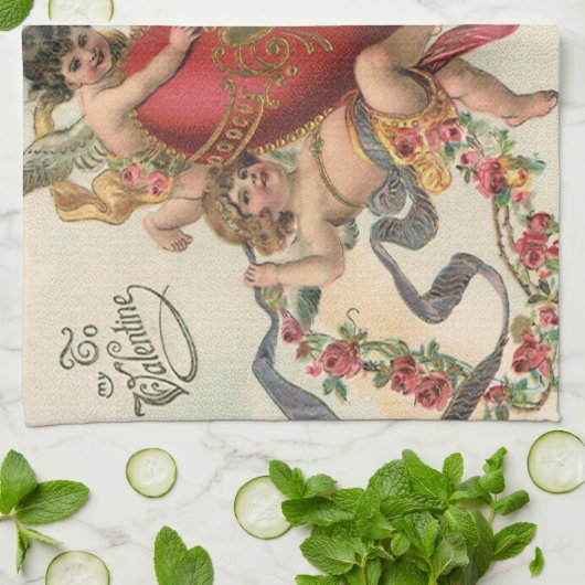 ヴィンテージヴァレンティーンビクトリアン、エンジェルズチェルブスハート キッチンタオル (折り畳み)