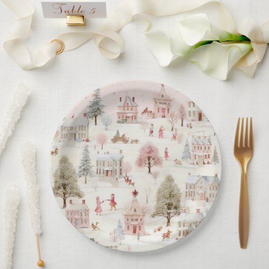 ヴィンテージヴィレッジピンククリスマス ペーパープレート (ウェディング)