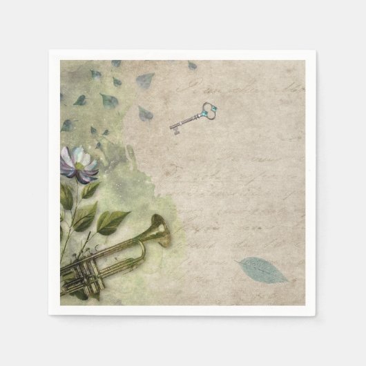 ヴィンテージ一時フローラトランペットホルンデクページ スタンダードカクテルナプキン (正面)