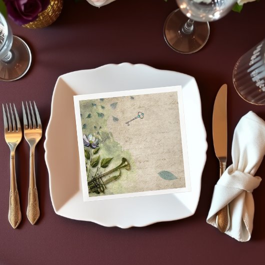 ヴィンテージ一時フローラトランペットホルンデクページ スタンダードカクテルナプキン