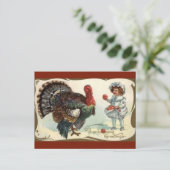 ヴィンテージ七面鳥とリンゴの感謝祭の子 ポストカード (スタンド正面)