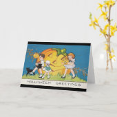 ヴィンテージ三つ子ども黒ネコ大カボチャ カード (黄色い花)