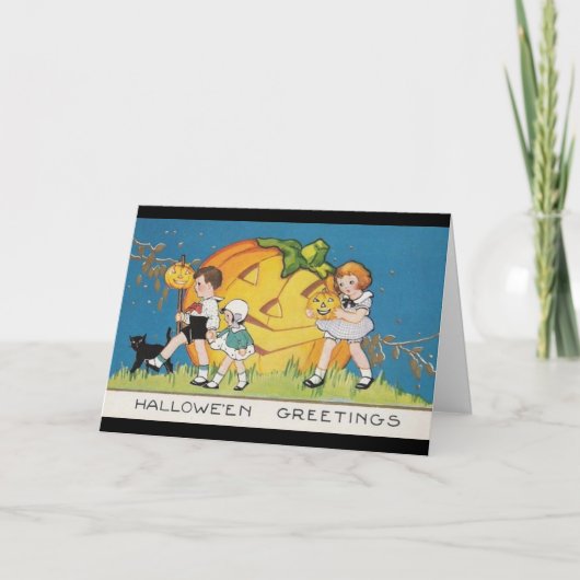 ヴィンテージ三つ子ども黒ネコ大カボチャ カード (正面)