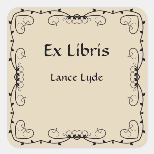 ヴィンテージ三ハートスワールとつる植物蔵書票 スクエアシール (正面)