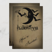 ヴィンテージ三日月とコウモリのハロウィンパーティー 招待状 (正面/裏面)
