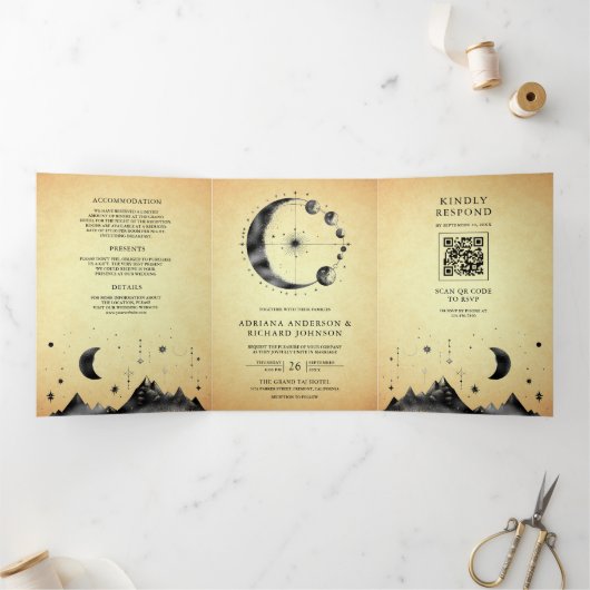 ヴィンテージ三日月結婚相 三つ折り招待状 (内部)