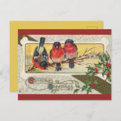 ヴィンテージ三鳥とクリスマスホリー ポストカード (正面/裏面)
