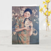 ヴィンテージ上海ポスター、女性パピヨン犬 カード (黄色い花)