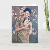 ヴィンテージ上海ポスター、女性パピヨン犬