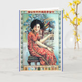 ヴィンテージ上海中国ウーマンパロット  カード (黄色い花)