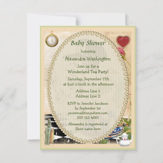 ヴィンテージ不機嫌ハッタのお茶パーティー赤ちゃんシャワー 招待状 (裏面)