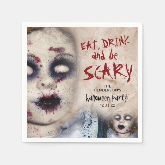 ヴィンテージ不気味なゾンビドールハローウィンパーティ スタンダードカクテルナプキン (正面)