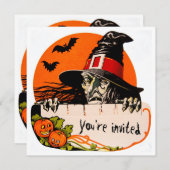 ヴィンテージ不気味な魔女ハローウィンパーティ 招待状 (正面/裏面)