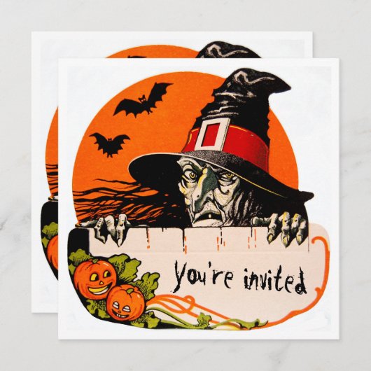 ヴィンテージ不気味な魔女ハローウィンパーティ 招待状 (正面/裏面)
