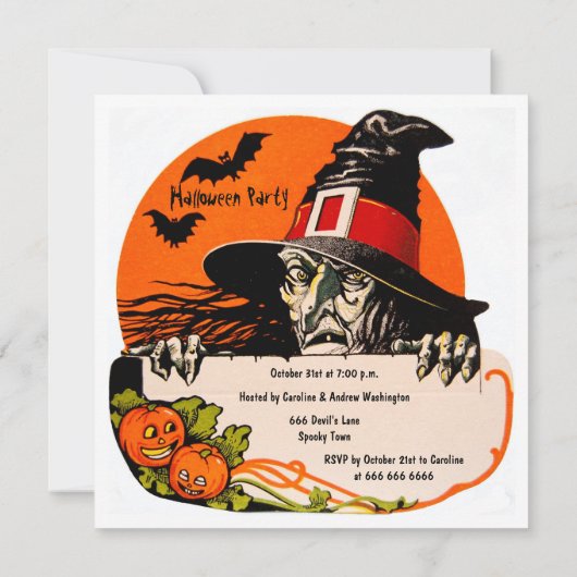 ヴィンテージ不気味な魔女ハローウィンパーティ 招待状 (裏面)