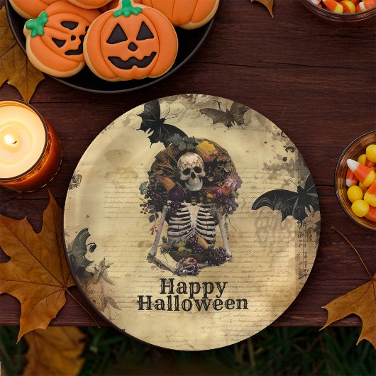 ヴィンテージ不気味スケルトン饗宴ハローウィンパーティ ペーパープレート