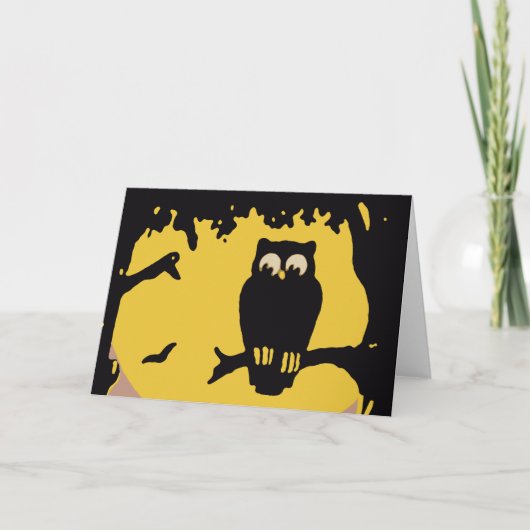 ヴィンテージ不気味ハロウィン、月のある木の中のフクロウ カード (正面)