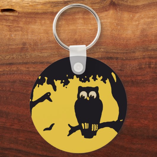 ヴィンテージ不気味ハロウィン、月のある木の中のフクロウ キーホルダー (正面)