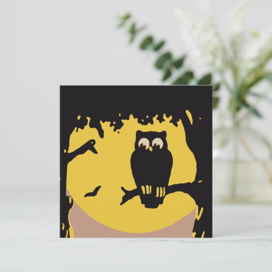 ヴィンテージ不気味ハロウィン、月のある木の中のフクロウ 招待状 (スタンド正面)