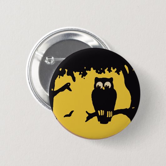 ヴィンテージ不気味ハロウィン、月のある木の中のフクロウ 缶バッジ (正面&裏面)