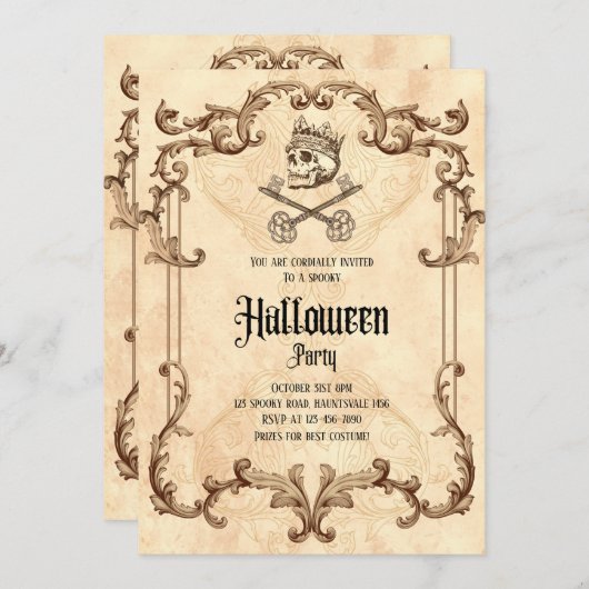 ヴィンテージ不気味ハローウィンパーティゴシックスカル 招待状 (正面/裏面)