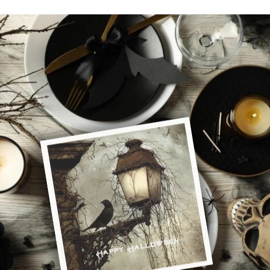 ヴィンテージ不気味レイヴンオンランタンハロウィーン スタンダードカクテルナプキン