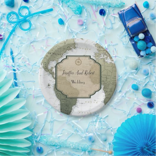 ヴィンテージ世界地図の旅行をテーマ結婚にした ペーパープレート (パーティー)