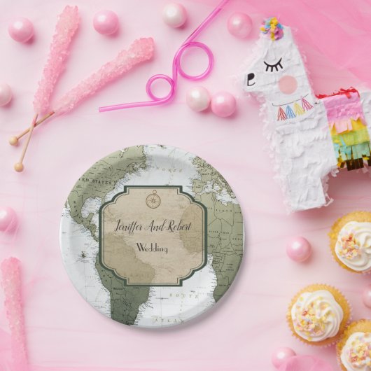ヴィンテージ世界地図の旅行をテーマ結婚にした ペーパープレート (パーティー)
