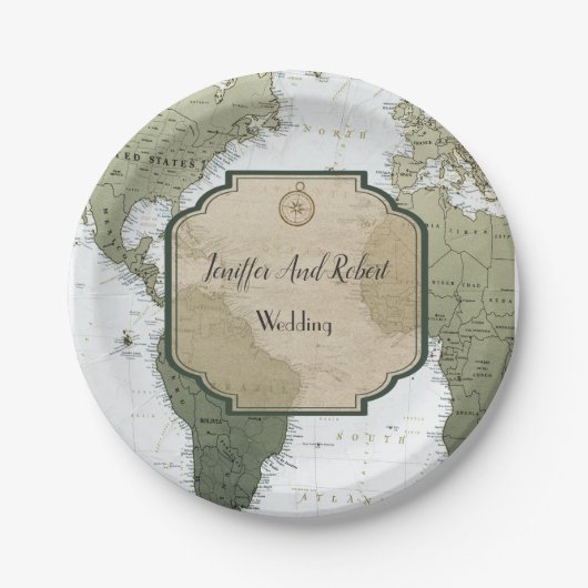 ヴィンテージ世界地図の旅行をテーマ結婚にした ペーパープレート (正面)