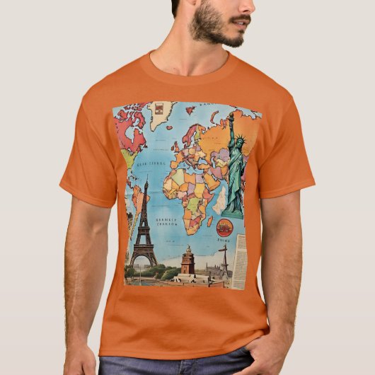 ヴィンテージ世界地図アイコニックなランドマークメンズTシャツ Tシャツ (正面)