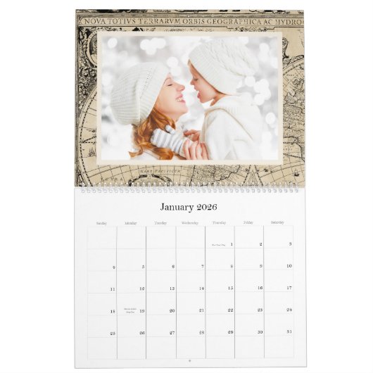 ヴィンテージ世界地図カスタム2024年家族写真 カレンダー (1月 2026)